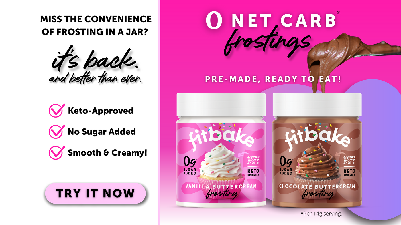 The image displays FitBake vanilla and chocolate frosting jars. It says "miss the convenience of frosting in a jar? It's back and better than ever. keto approved, no sugar added, smooth & creamy. Try it now. Zero net carb frostings that are pre-made and ready to eat. A spoonful of chocolate frosting is on the right side of the image.