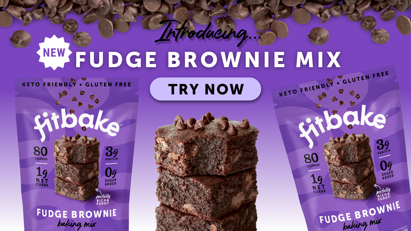 An image of FitBake brownie mixes and a stack of brownies. It says introducing new fudge brownie mix. Try now.