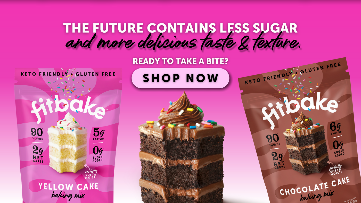 An image of cake mixes with a slice of cake and text that says "the future contains less sugar and more delicious taste & texture. Ready to take a bite? Shop now."